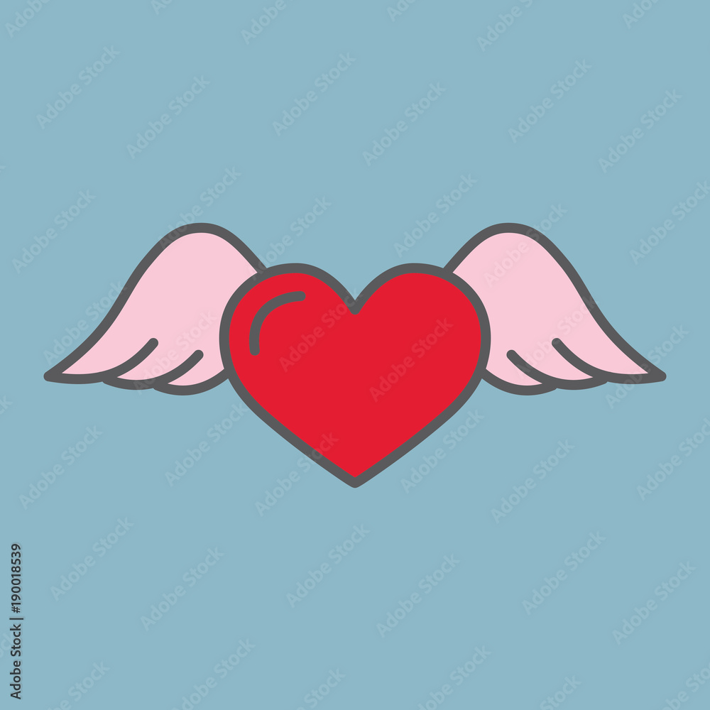 Wall mural flying heart with wings color line flat icon on blue background