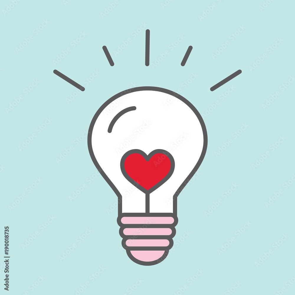 Wall mural creative idea symbol. lightning bulb with heart color line flat