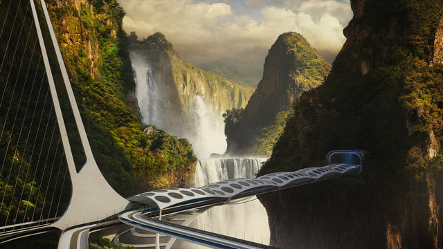 Futuristic bridge over a precipice in mountains with waterfalls. Viaduct.