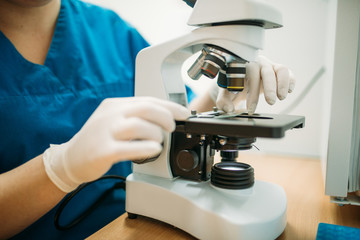 Veterinarian looks through a microscope in clinic