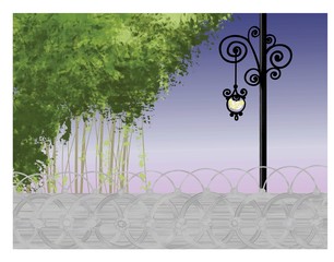 Vector of colorful hand drawn abstract view of trees and street vintage light on dark blue background as sunset, cartoon illustration of night park painted by watercolor, acrylic paint, high quality