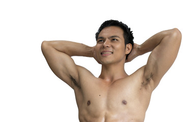 Fototapeta premium Body builder is working out isolated on white background