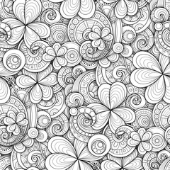 Monochrome Doodle St Patrick's Day Seamless Pattern. Decorative Clover Leaf Talisman, Abstract Coins and Swirl. Elegant Natural Background. Coloring Book Page. Vector 3d Ornate Illustration