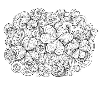 Monochrome Doodle St Patrick's Day Background. Decorative Clover Leaf Talisman, Abstract Coins and Swirl. Elegant Natural Motif. Coloring Book Page. Vector 3d Illustration. Ornate Art