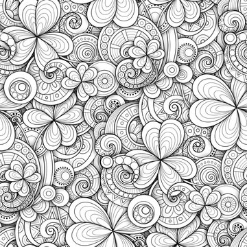 Monochrome Doodle St Patrick's Day Seamless Pattern. Decorative Clover Leaf Talisman, Abstract Coins and Swirl. Elegant Natural Background. Coloring Book Page. Vector 3d Ornate Illustration