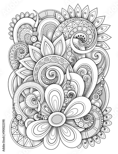 Monochrome Floral Design Background In Doodle Line Style Decorative Composition With Flowers And Leaves