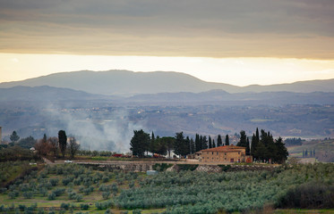 Tuscan landscape with cypress, trees and ancient buildings.