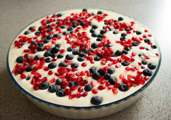 delicious dessert with fresh fruits and cream 