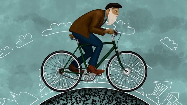 Cyclist 5 second loop, hand-drawn animation. A man with a white beard rapidly pedaling a green bicycle. Animated white line art background on a blue mottled ground.