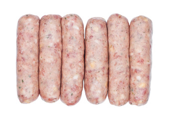 Plastic tray of raw pork beef sausages on white