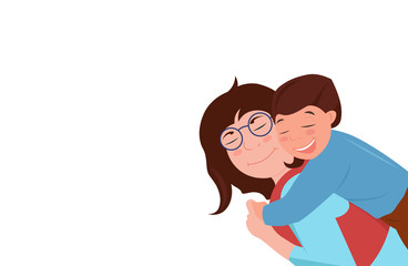Caucasian family relationships. Mother hugging her son. They are laughing. Celebration cartoon for mother day with copyspace