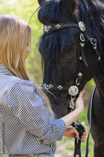 Beautiful Long Hair Young Woman With A Horse Outdoor Stock Photo