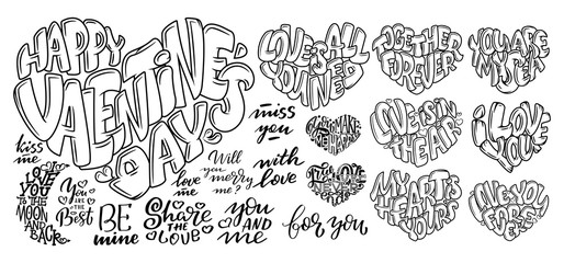 Set of Big hearts with lettering about Love, typography poster for Valentines Day, cards, prints.