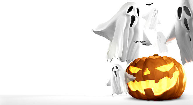 Halloween Pumpkins and ghosts and bats 3d rendering