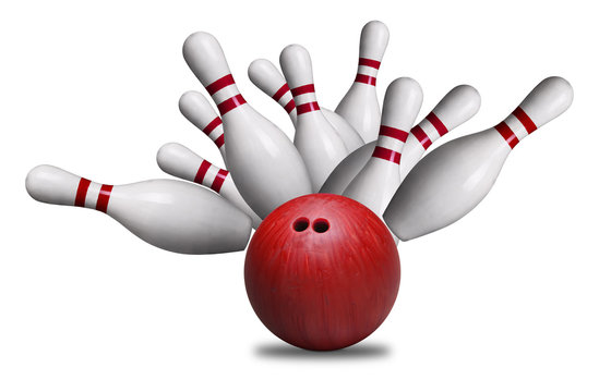 Red Ball Hitting Pins in Bowling Strike Isolated on White Background