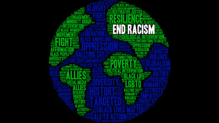 End Racism Word Cloud on a black background. 