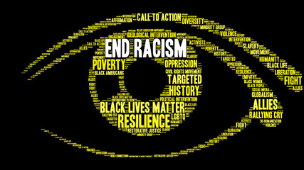 End Racism Word Cloud on a black background. 