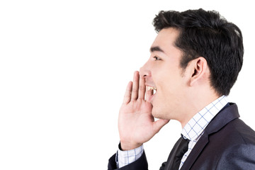 Businessman whispering gossip isolated on white background