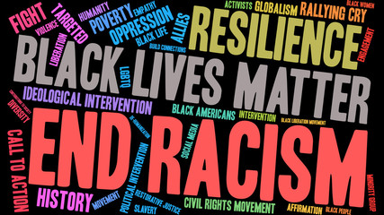 End Racism Word Cloud on a black background. 