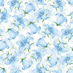 Fototapeta na wymiar Vector seamless pattern with blue bluebell flowers on a white background.