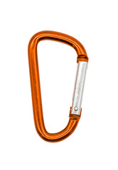 Orange metal aluminum snap hook isolated on white background.