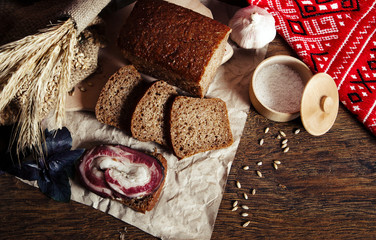 Fresh sliced bread on table close-up, 7 grain bread