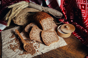 Fresh sliced bread on table close-up, 7 grain bread