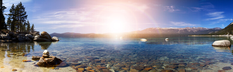 Lake Tahoe Panoramic Sunset Landscape in California - obrazy, fototapety, plakaty