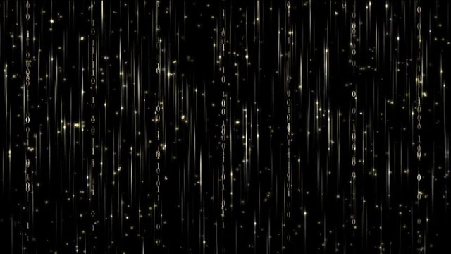 Internet communication concept, binary code data flow, matrix, golden dynamic linear motion on black background, animated abstract illustration