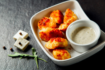 Chicken Nuggets impaled on a fork in ketchup closeup