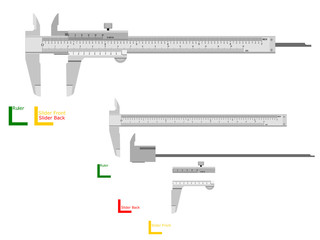 Basic vernier caliper on transparent background. There are 3 components which are perfect assembly for your own composition.
