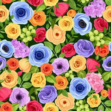 Vector Seamless Background With Red, Orange, Yellow, Blue And Purple Flowers And Green Leaves.