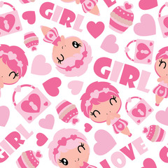 Seamless pattern of cute girl, cupcake, and padlock vector cartoon illustration for Valentine wrapping paper, kid fabric clothes, and wallpaper