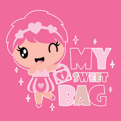 Cute girl brings sweet bag vector cartoon illustration for Kid t-shirt background design, Valentine card, and wallpaper