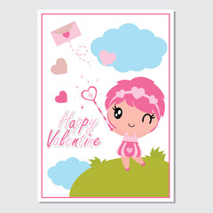 Cute girl with her magic wand vector cartoon illustration for Happy Valentine card design, postcard, and wallpaper