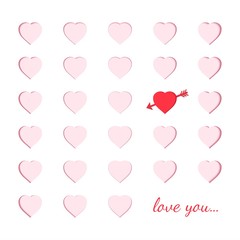 Scrapbooking paper card with carved pink hearts and one unlike red heart with an arrow. Origami papercut concept and Valentine's day idea, vector art and illustration. Symbol of love for greeting card