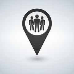 Map pin icon with group people.