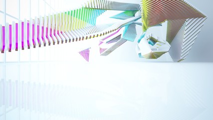 Abstract white and colored gradient glasses parametric interior  with window. 3D illustration and rendering.