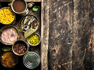 Various canned fruits, vegetables, fish and meat in tin cans on old tray.
