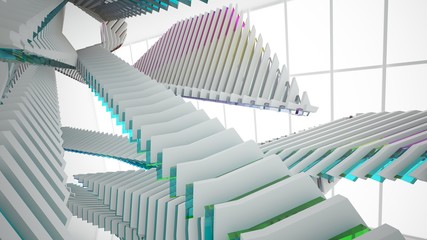 Abstract white and colored gradient glasses parametric interior  with window. 3D illustration and rendering.