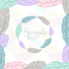 Vector poster with decorative ethnic frame wreath made of feathers. Hand draw illustration.