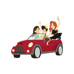 Modern prince driving cabriolet car, happy friends in a car comic characters cartoon vector Illustration