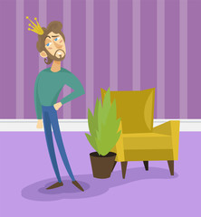 Modern prince in casual clothes and golden crown, funny young man comic character posing on the background of living room apartment vector illustration, cartoon style