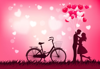Cute couple in love hugging, staring at each other's eyes and holding heart balloons, beautiful blur background,flat-style vector illustration.