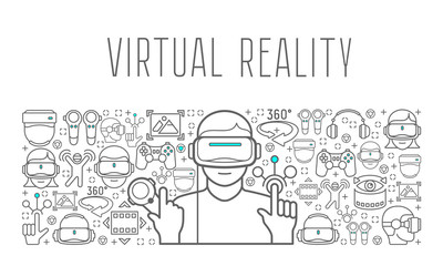 Virtual reality headset man poster, in on vr background. Vector