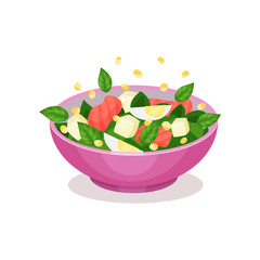 Bowl of salad with spinach, salmon and egg, healthy eating concept vector Illustration