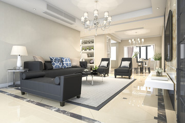 3d rendering  luxury and modern living room and dining room