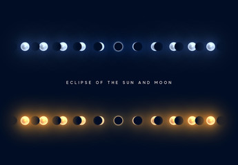 Solar and lunar eclipses full cycle. Sun and moon eclipses.