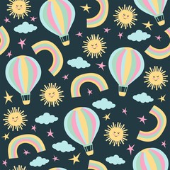 Seamless vector pattern with balloon, clouds and sun. Cute background for kids.