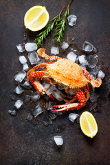 Cooked crab on a stone or slate background. Flat lay. Top view with copy space. © elena_hramowa